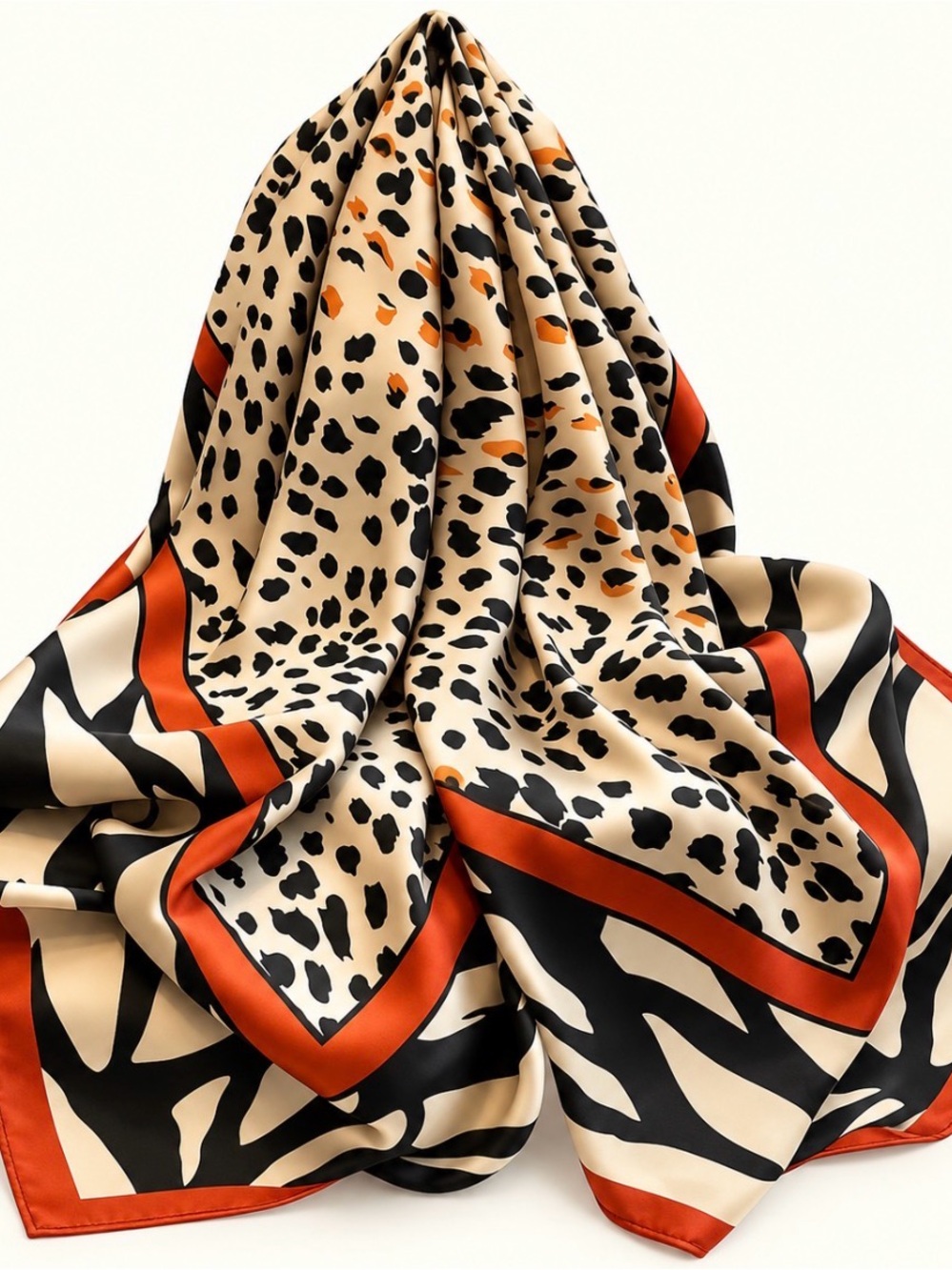 Elegant Animal-Print Silk Scarf in Cream, Black & Rust
